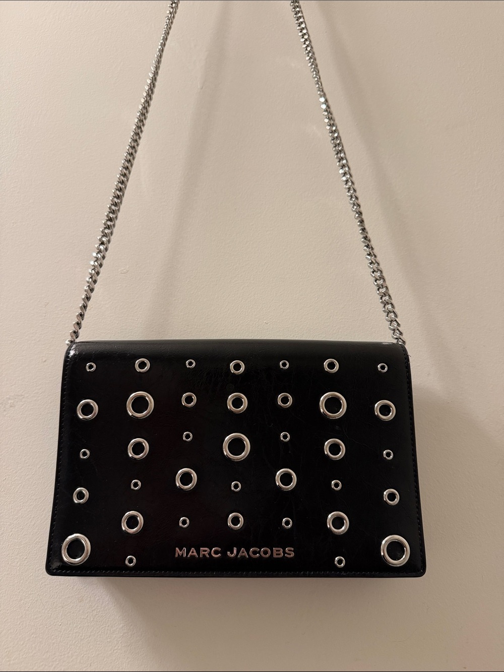 Marc Jacobs Black Leather Grommet Crossbody with Silver Chain Strap
